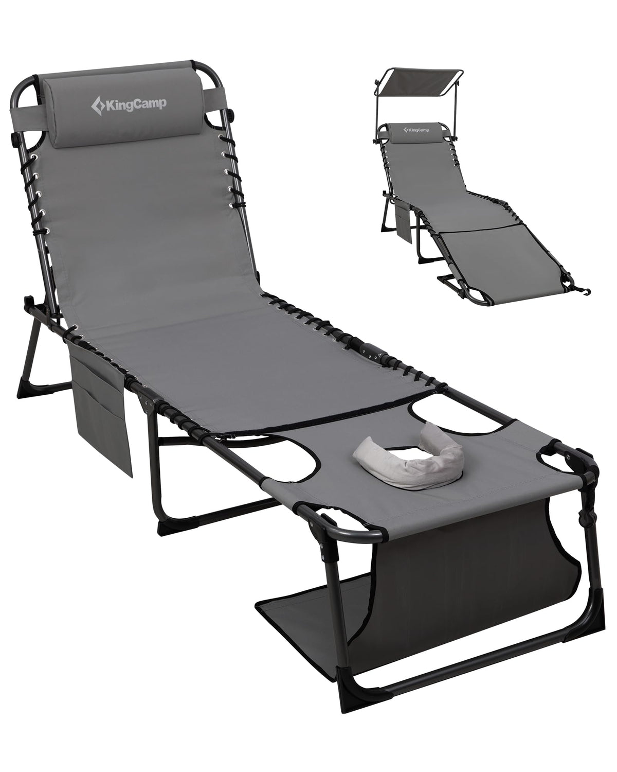 KingCamp Lounge Chair Outdoor, Folding Portable Tanning Chairs Comfy Adjustable 5-Position Lay Flat Foldable Chaise Lounger with Pillow for Outside Beach Patio Sun Bathing Pool