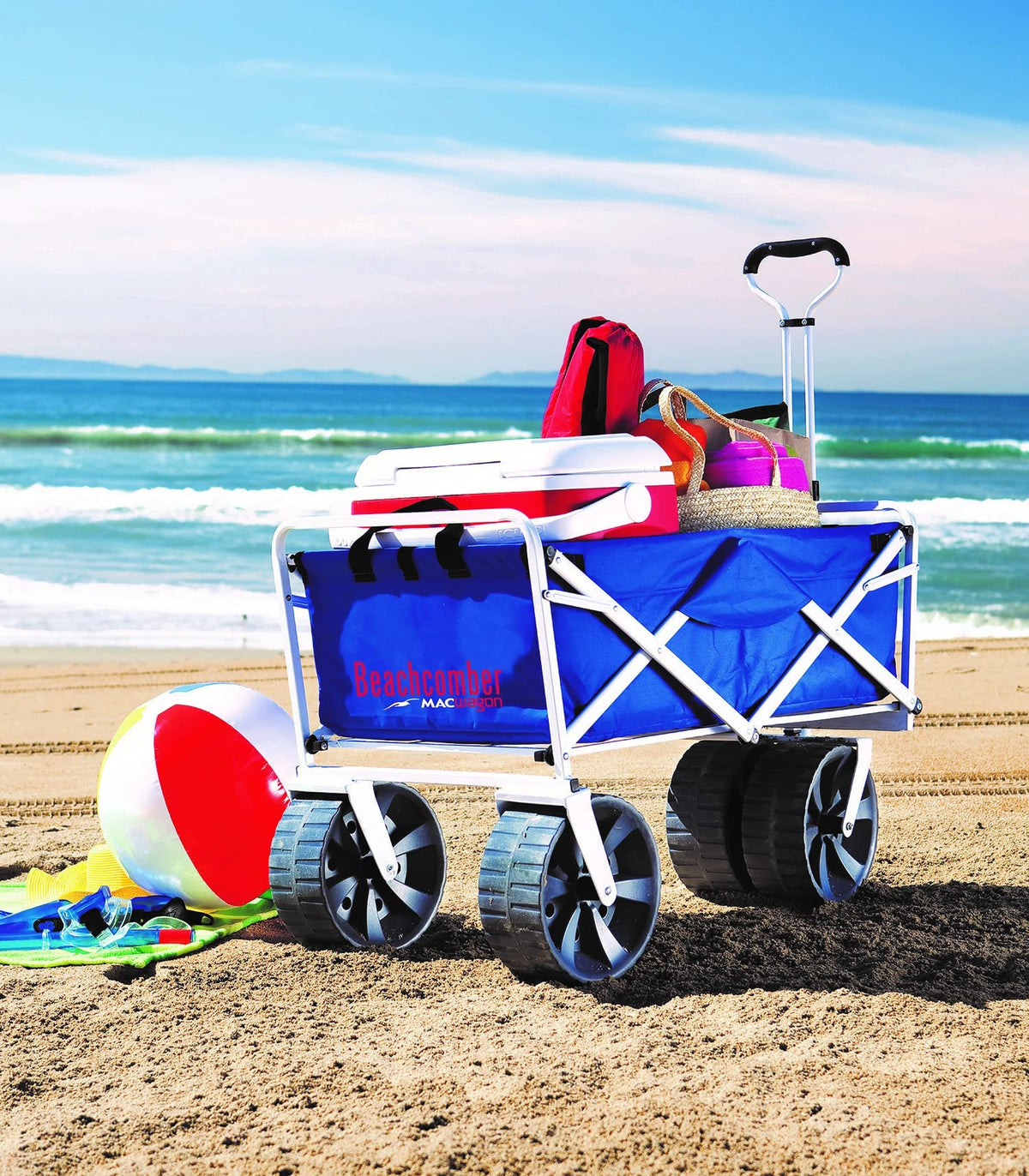 Mac Sports Heavy Duty Collapsible Folding All Terrain Utility Beach Wagon Cart for Beach Accessories, Umbrellas, Camping Gear, and More