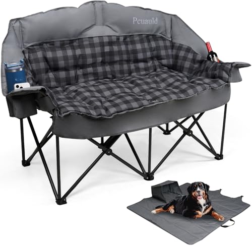 Pcuauld Double Camping Chair, Padded Loveseat Camp Couch for Adults, Oversized 2 Person Love Seat with 2 in 1 Carry Bag, Heavy Duty Folding Outdoor Sofa with Cup Holders for Lawn Beach Tailgating