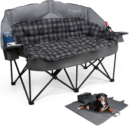 Pcuauld Double Camping Chair, Padded Loveseat Camp Couch for Adults, Oversized 2 Person Love Seat with 2 in 1 Carry Bag, Heavy Duty Folding Outdoor Sofa with Cup Holders for Lawn Beach Tailgating