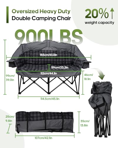 Pcuauld Double Camping Chair, Padded Loveseat Camp Couch for Adults, Oversized 2 Person Love Seat with 2 in 1 Carry Bag, Heavy Duty Folding Outdoor Sofa with Cup Holders for Lawn Beach Tailgating