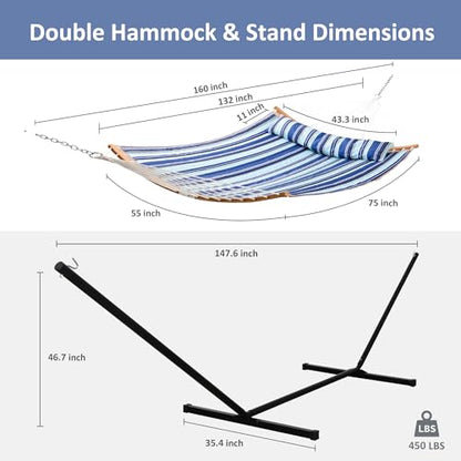 SUNCREAT Double Quilted Hammock with Stand, Outdoor Hammock with Curved-Bar, Soft Pillow