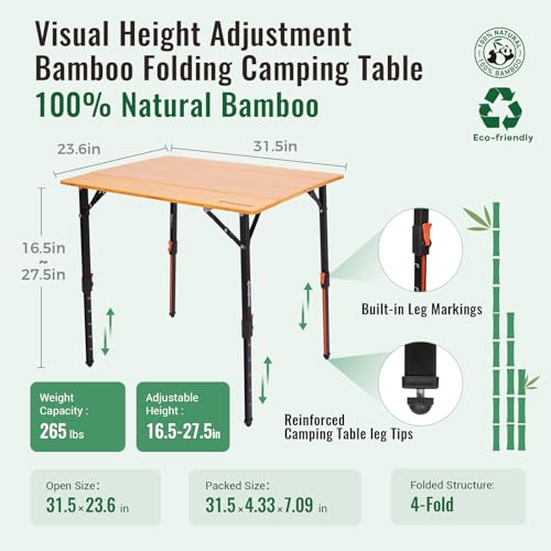 KingCamp Folding Table Portable Camping Table with Adjustable Height Aluminum Legs Lightweight Camp Tables with Carry Bag for Outdoor, Picnic, Party, Beach, Indoor