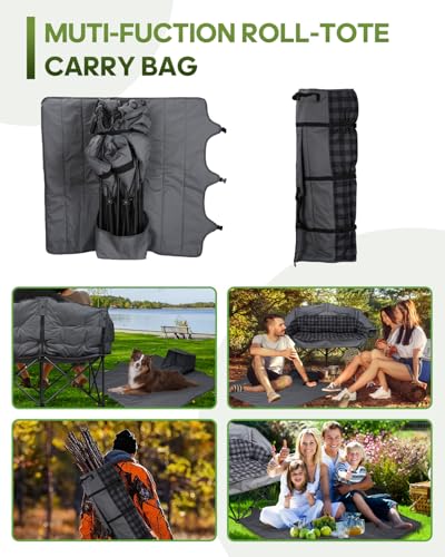 Pcuauld Double Camping Chair, Padded Loveseat Camp Couch for Adults, Oversized 2 Person Love Seat with 2 in 1 Carry Bag, Heavy Duty Folding Outdoor Sofa with Cup Holders for Lawn Beach Tailgating