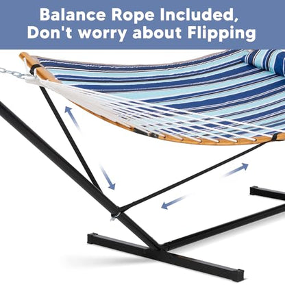SUNCREAT Double Quilted Hammock with Stand, Outdoor Hammock with Curved-Bar, Soft Pillow