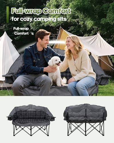Pcuauld Double Camping Chair, Padded Loveseat Camp Couch for Adults, Oversized 2 Person Love Seat with 2 in 1 Carry Bag, Heavy Duty Folding Outdoor Sofa with Cup Holders for Lawn Beach Tailgating