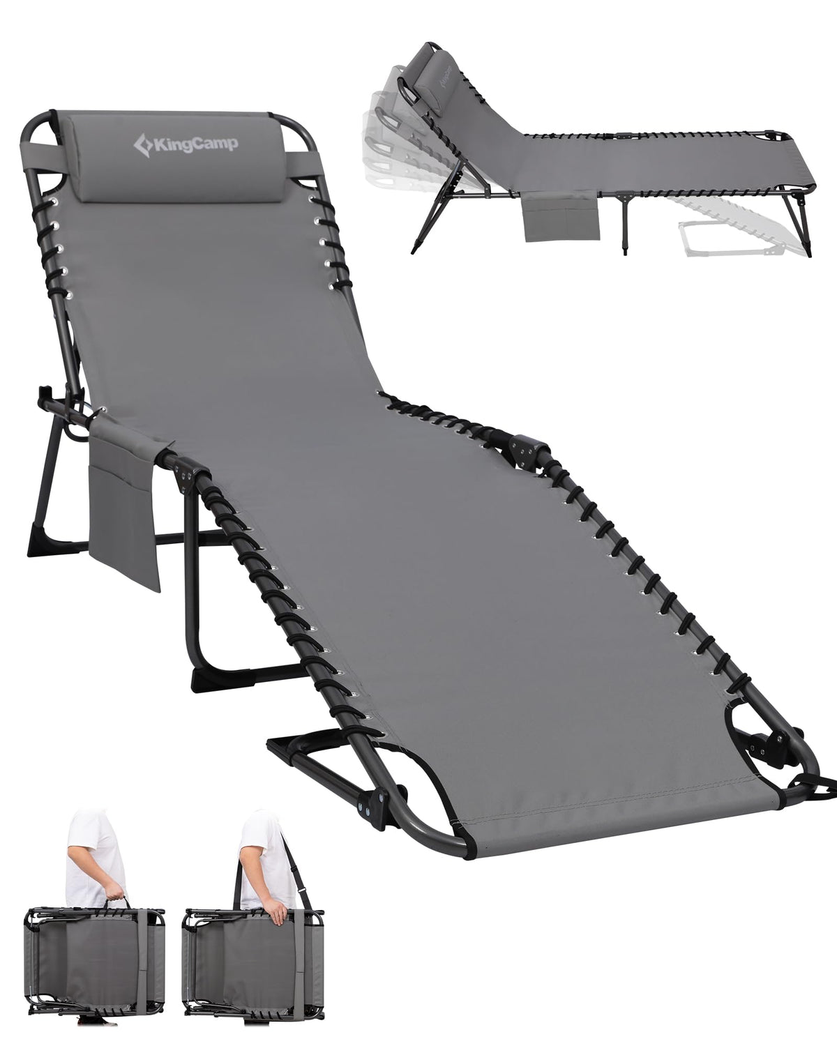 KingCamp Lounge Chair Outdoor, Folding Portable Tanning Chairs Comfy Adjustable 5-Position Lay Flat Foldable Chaise Lounger with Pillow for Outside Beach Patio Sun Bathing Pool