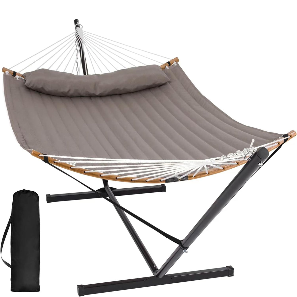 SUNCREAT Double Quilted Hammock with Stand, Outdoor Hammock with Curved-Bar, Soft Pillow