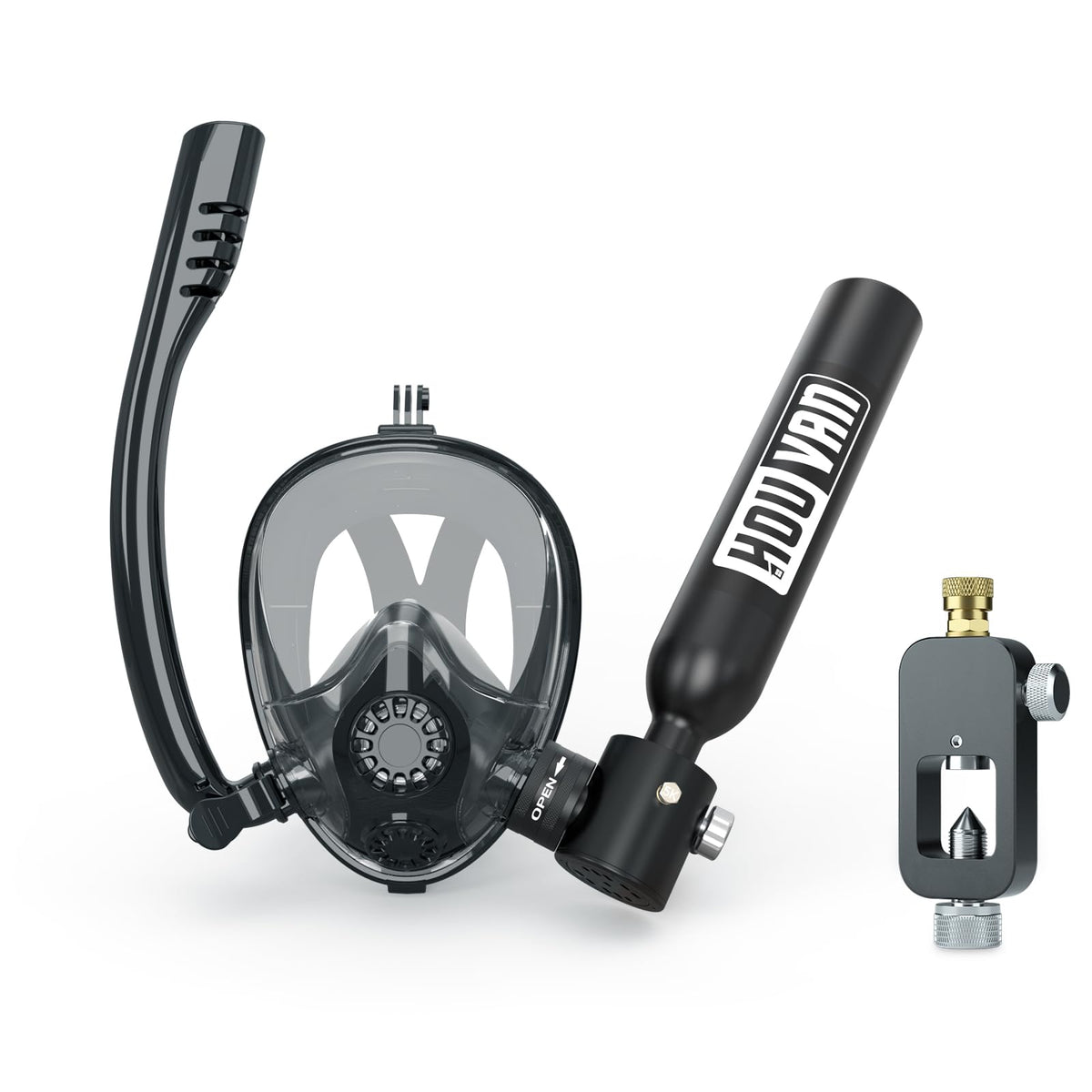 HOUVAN Mini Scuba Tank with Snorkel Mask 0.5L Inflatable Diving Tank with Full Face Diving Mask Pony Bottle Backup Diving Air Tank Suits for Recreational Snorkeling Shallow Diving