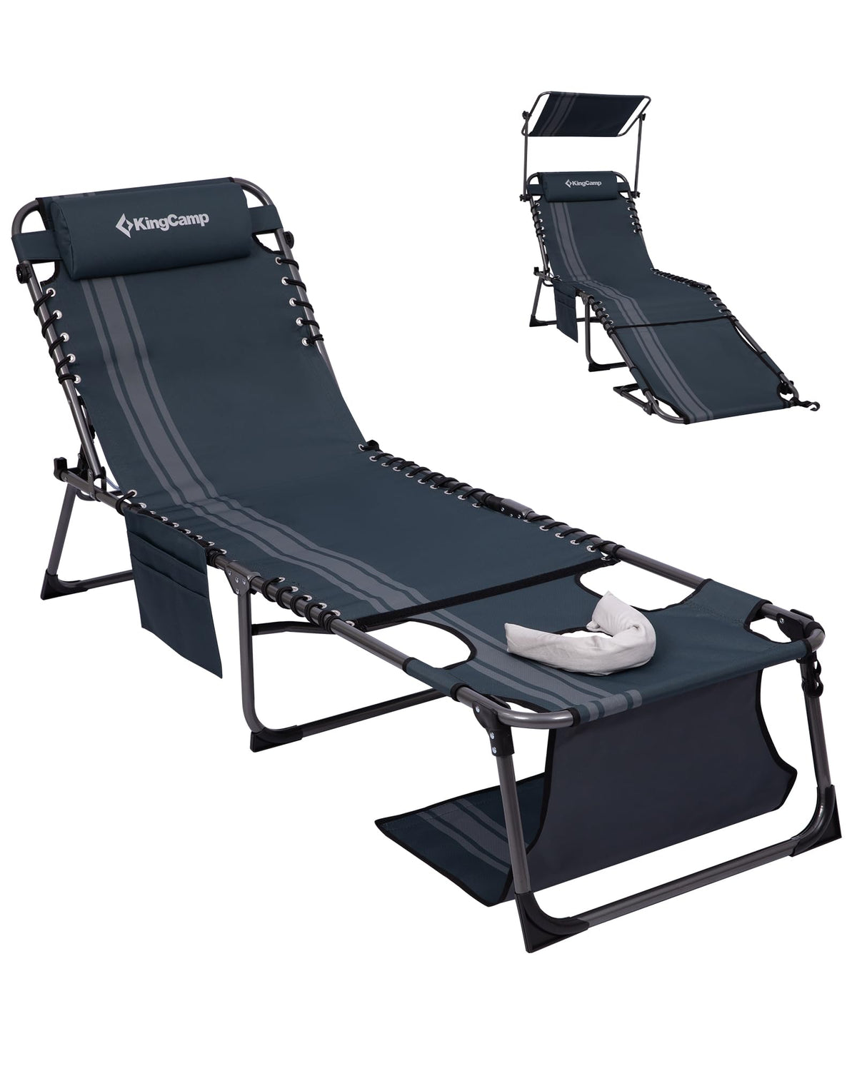 KingCamp Lounge Chair Outdoor, Folding Portable Tanning Chairs Comfy Adjustable 5-Position Lay Flat Foldable Chaise Lounger with Pillow for Outside Beach Patio Sun Bathing Pool