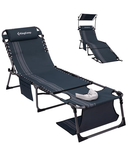 KingCamp Lounge Chair Outdoor, Folding Portable Tanning Chairs Comfy Adjustable 5-Position Lay Flat Foldable Chaise Lounger with Pillow for Outside Beach Patio Sun Bathing Pool