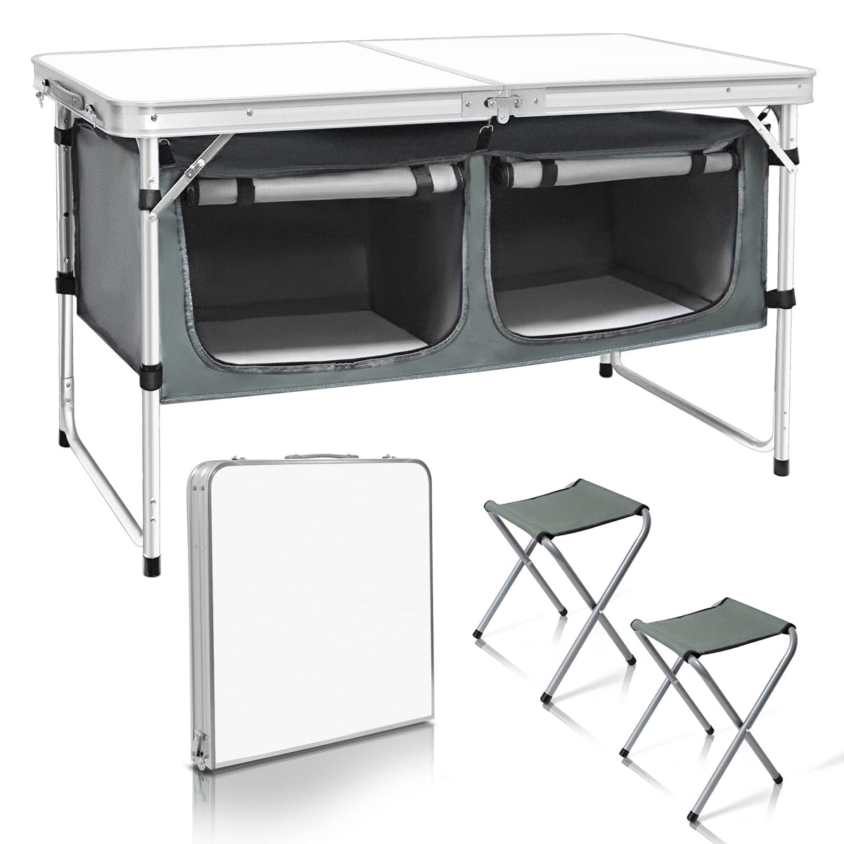 CampLand Outdoor Folding Table Aluminum Lightweight Height Adjustable with Storage Organizer for BBQ, Party, Camping