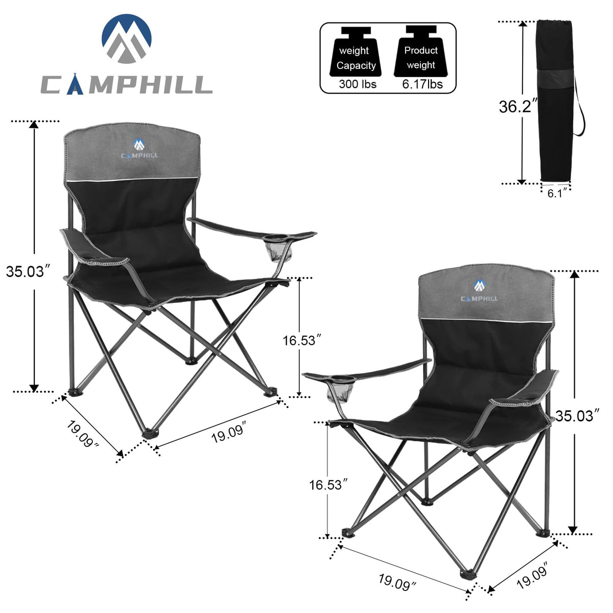 CAMPHILL Camping Chair Set of 3, Outdoor Folding Camping Chairs for Heavy People with Cup Holder & Carry Bag,Collapsible Chair Include One Sofa Chair and Two Single Chair,Support up to 500lbs