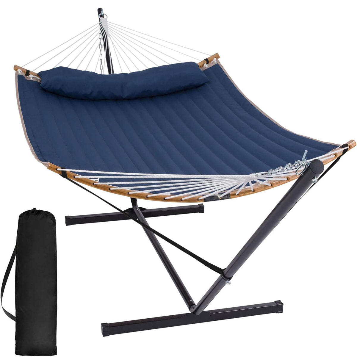 SUNCREAT Double Quilted Hammock with Stand, Outdoor Hammock with Curved-Bar, Soft Pillow