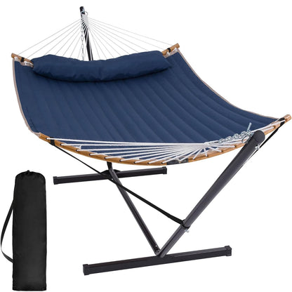 SUNCREAT Double Quilted Hammock with Stand, Outdoor Hammock with Curved-Bar, Soft Pillow