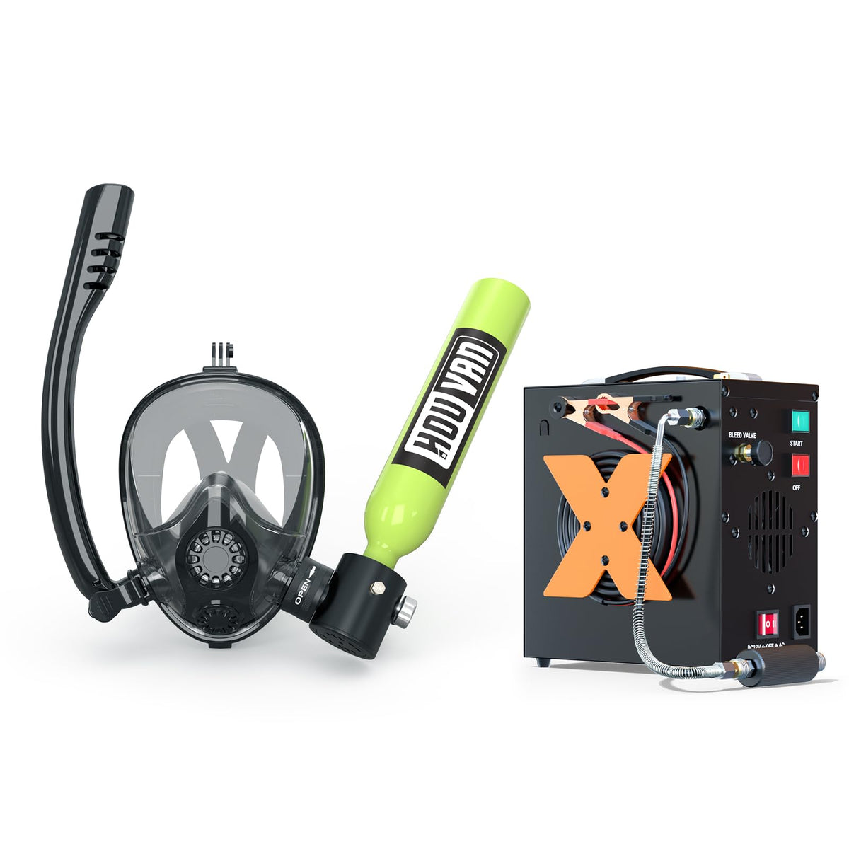 HOUVAN Mini Scuba Tank with Snorkel Mask 0.5L Inflatable Diving Tank with Full Face Diving Mask Pony Bottle Backup Diving Air Tank Suits for Recreational Snorkeling Shallow Diving