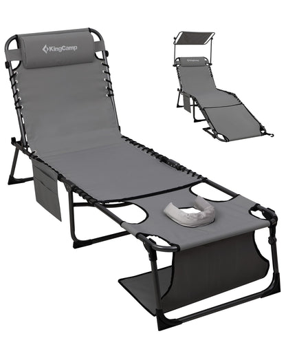 KingCamp Lounge Chair Outdoor, Folding Portable Tanning Chairs Comfy Adjustable 5-Position Lay Flat Foldable Chaise Lounger with Pillow for Outside Beach Patio Sun Bathing Pool