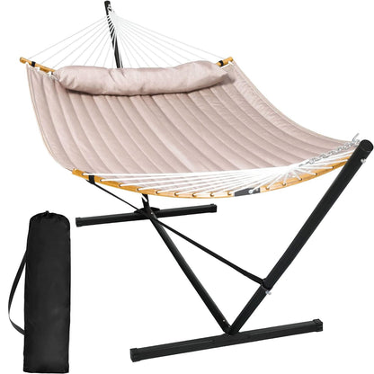 SUNCREAT Double Quilted Hammock with Stand, Outdoor Hammock with Curved-Bar, Soft Pillow