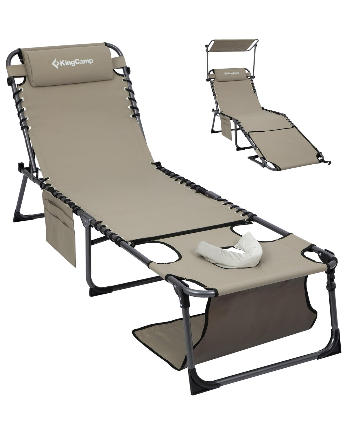 KingCamp Lounge Chair Outdoor, Folding Portable Tanning Chairs Comfy Adjustable 5-Position Lay Flat Foldable Chaise Lounger with Pillow for Outside Beach Patio Sun Bathing Pool