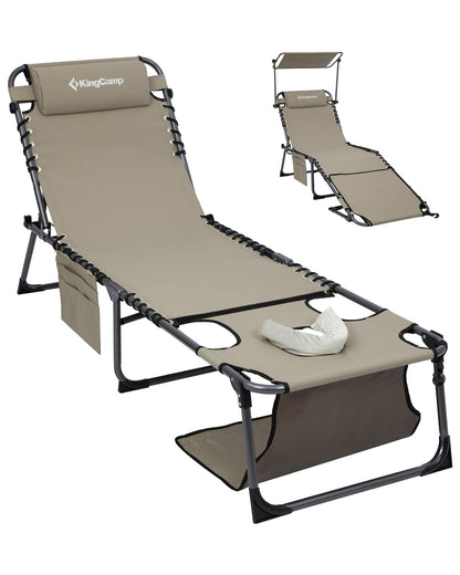KingCamp Lounge Chair Outdoor, Folding Portable Tanning Chairs Comfy Adjustable 5-Position Lay Flat Foldable Chaise Lounger with Pillow for Outside Beach Patio Sun Bathing Pool