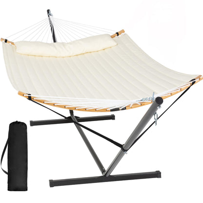 SUNCREAT Double Quilted Hammock with Stand, Outdoor Hammock with Curved-Bar, Soft Pillow