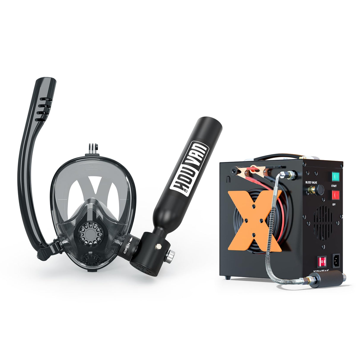 HOUVAN Mini Scuba Tank with Snorkel Mask 0.5L Inflatable Diving Tank with Full Face Diving Mask Pony Bottle Backup Diving Air Tank Suits for Recreational Snorkeling Shallow Diving
