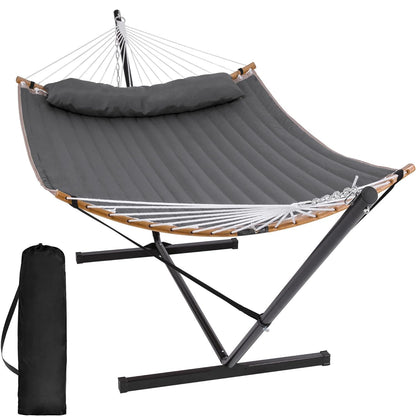 SUNCREAT Double Quilted Hammock with Stand, Outdoor Hammock with Curved-Bar, Soft Pillow