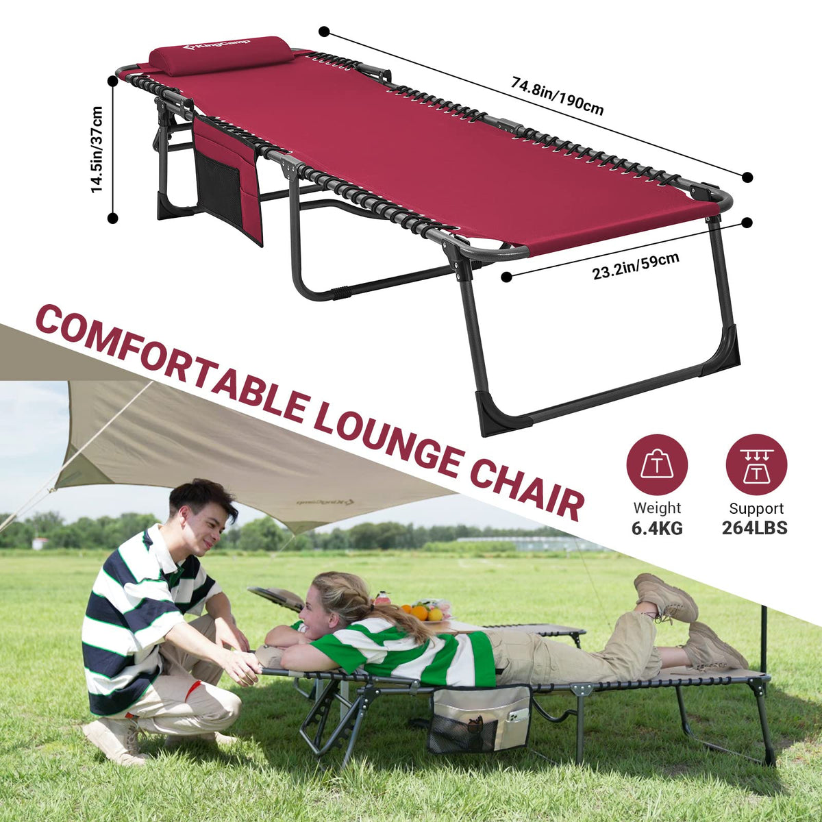KingCamp Lounge Chair Outdoor, Folding Portable Tanning Chairs Comfy Adjustable 5-Position Lay Flat Foldable Chaise Lounger with Pillow for Outside Beach Patio Sun Bathing Pool