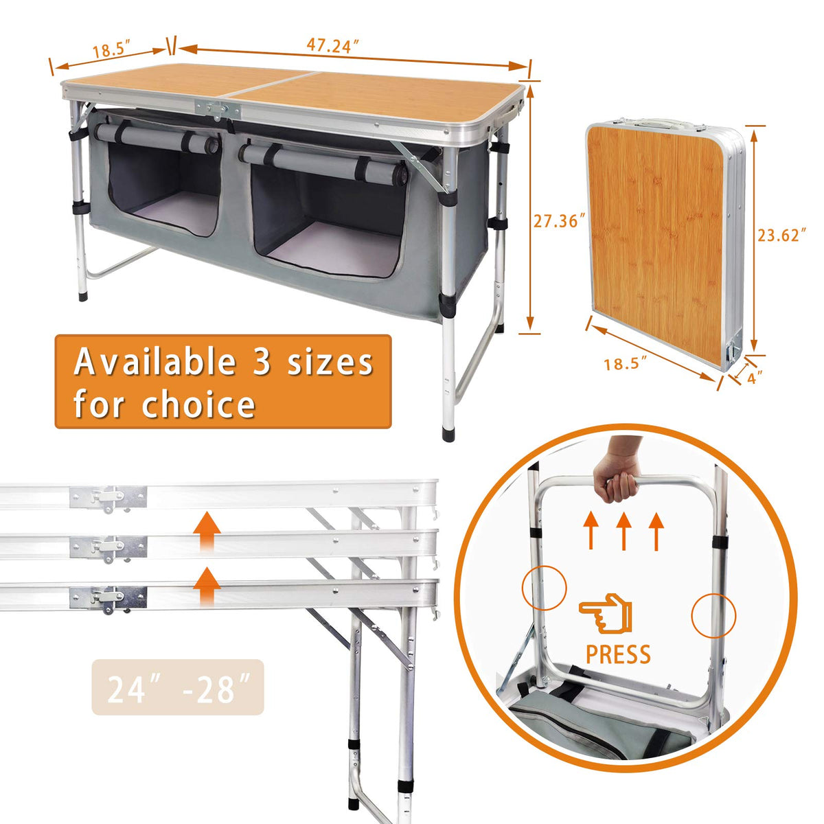 CampLand Outdoor Folding Table Aluminum Lightweight Height Adjustable with Storage Organizer for BBQ, Party, Camping