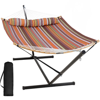 SUNCREAT Double Quilted Hammock with Stand, Outdoor Hammock with Curved-Bar, Soft Pillow