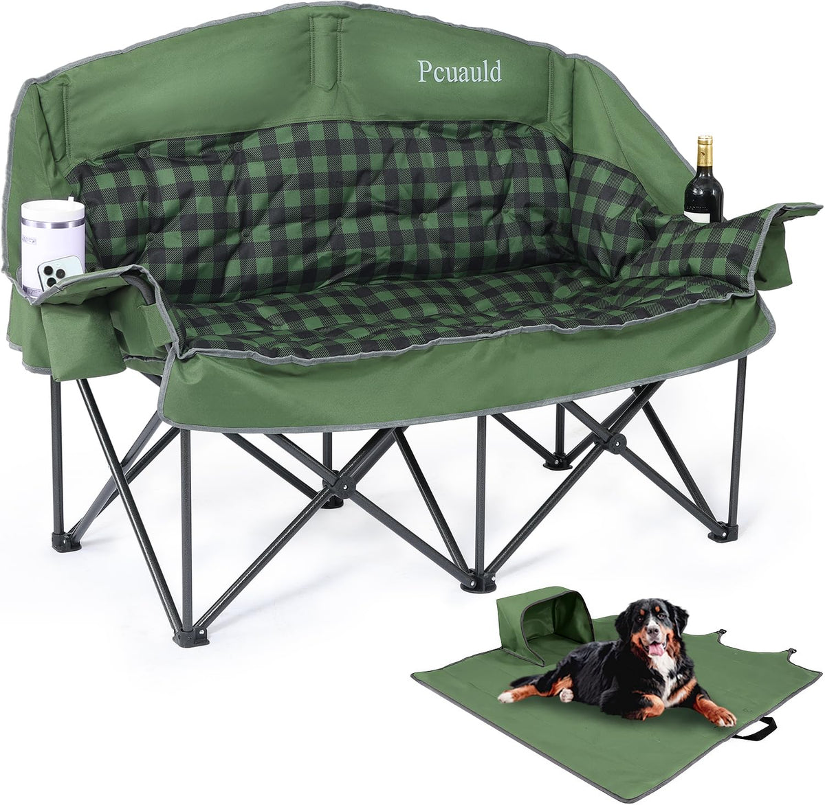 Pcuauld Double Camping Chair, Padded Loveseat Camp Couch for Adults, Oversized 2 Person Love Seat with 2 in 1 Carry Bag, Heavy Duty Folding Outdoor Sofa with Cup Holders for Lawn Beach Tailgating
