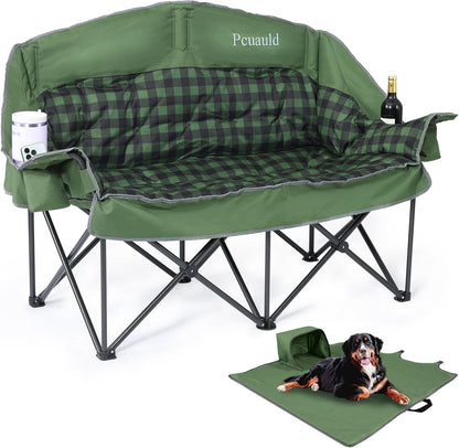 Pcuauld Double Camping Chair, Padded Loveseat Camp Couch for Adults, Oversized 2 Person Love Seat with 2 in 1 Carry Bag, Heavy Duty Folding Outdoor Sofa with Cup Holders for Lawn Beach Tailgating