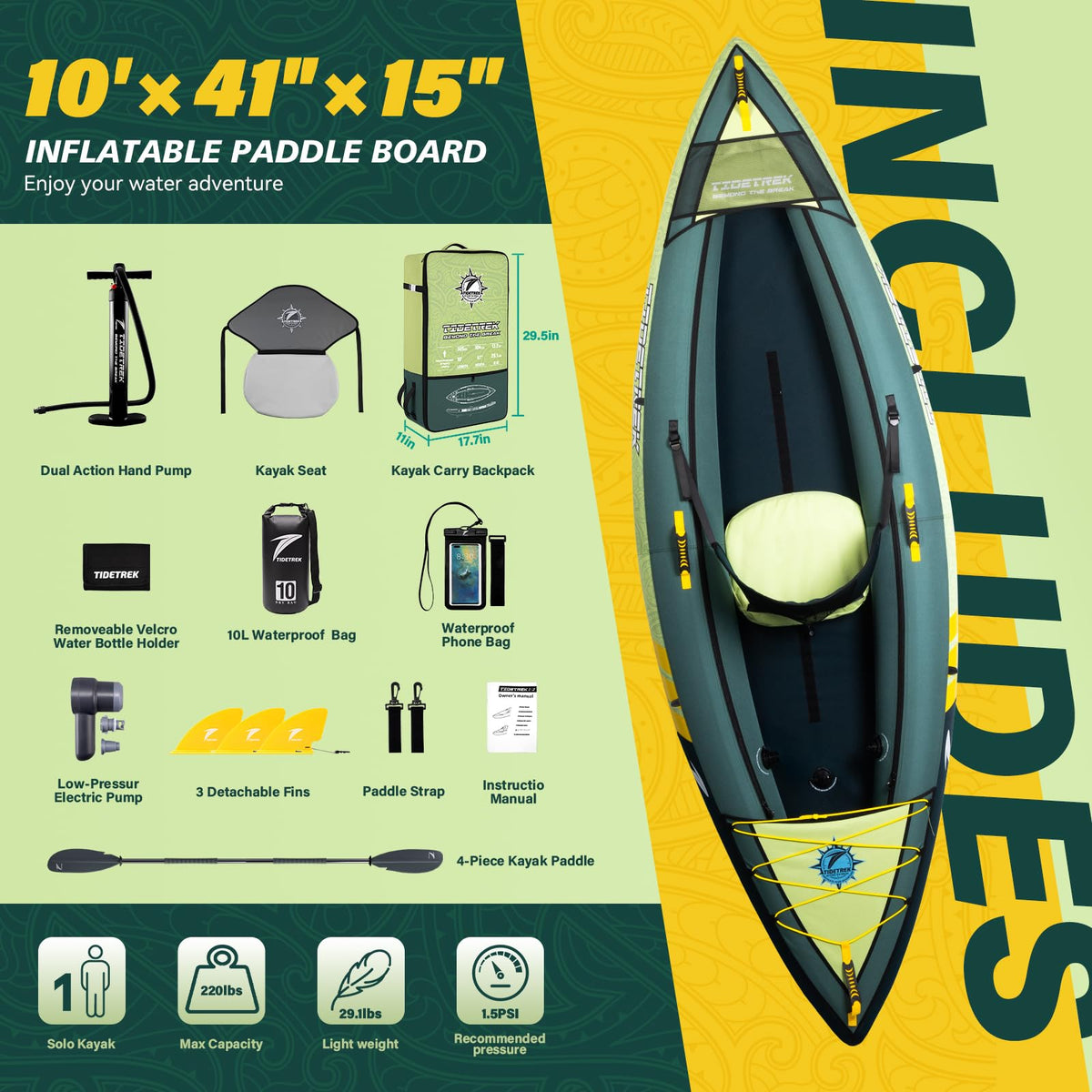 TIDETREK Inflatable Touring Kayak 1-Person & 2-Person with Waterproof Seat & Full Accessory Kit, Lightweight Recreational Kayak for Lake, River & Fishing