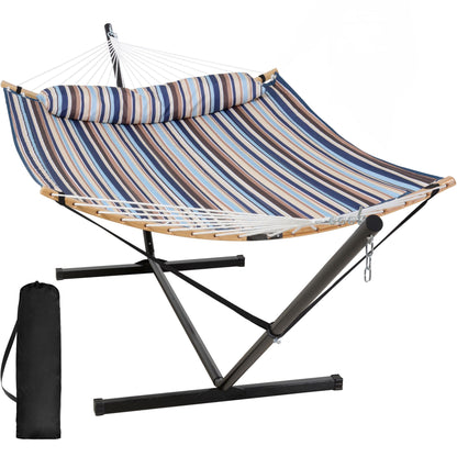 SUNCREAT Double Quilted Hammock with Stand, Outdoor Hammock with Curved-Bar, Soft Pillow