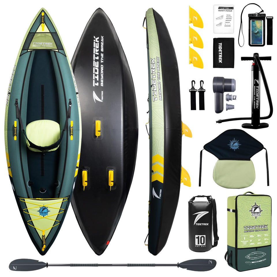 TIDETREK Inflatable Touring Kayak 1-Person & 2-Person with Waterproof Seat & Full Accessory Kit, Lightweight Recreational Kayak for Lake, River & Fishing
