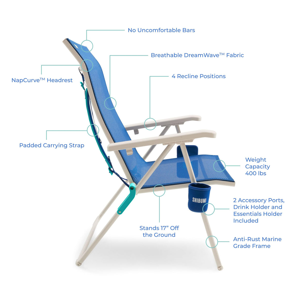 Shibumi Tall Beach Chair for Adults & Seniors, 17 Inch High Seat, 400 lb Heavy Duty High Back Reclining Beach Chair, Lightweight Folding, Padded Backpack Straps, Cup Holder, Plus Size Aluminum Frame