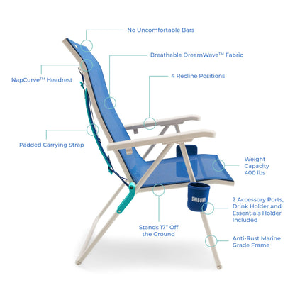 Shibumi Tall Beach Chair for Adults & Seniors, 17 Inch High Seat, 400 lb Heavy Duty High Back Reclining Beach Chair, Lightweight Folding, Padded Backpack Straps, Cup Holder, Plus Size Aluminum Frame