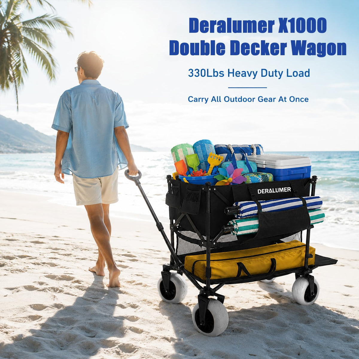 X800 Collapsible Beach Wagon, 41" Heavy Duty Folding Wagon Cart with 9" Big Balloon Wheels, 200L Oversized Utility Wagon with Side Bag for Camping, Sports