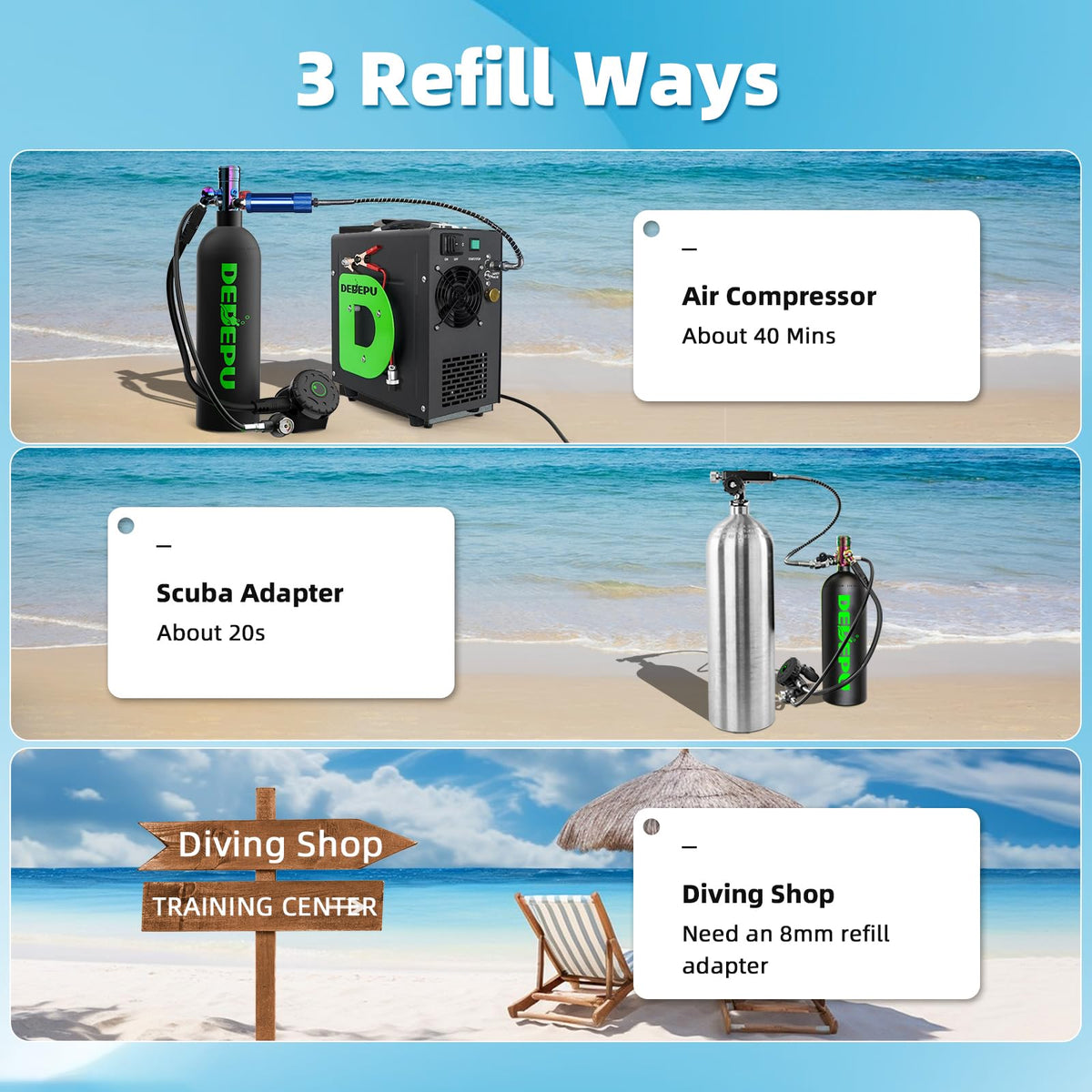 DEDEPU 2.3L Scuba Tank, Mini Diving Tank Small Lung Tank with Adapter, Up to 40 Mins Underwater Breathing Time, Portable Backup Air Cylinder, Emergency Resuce Pony Bottle