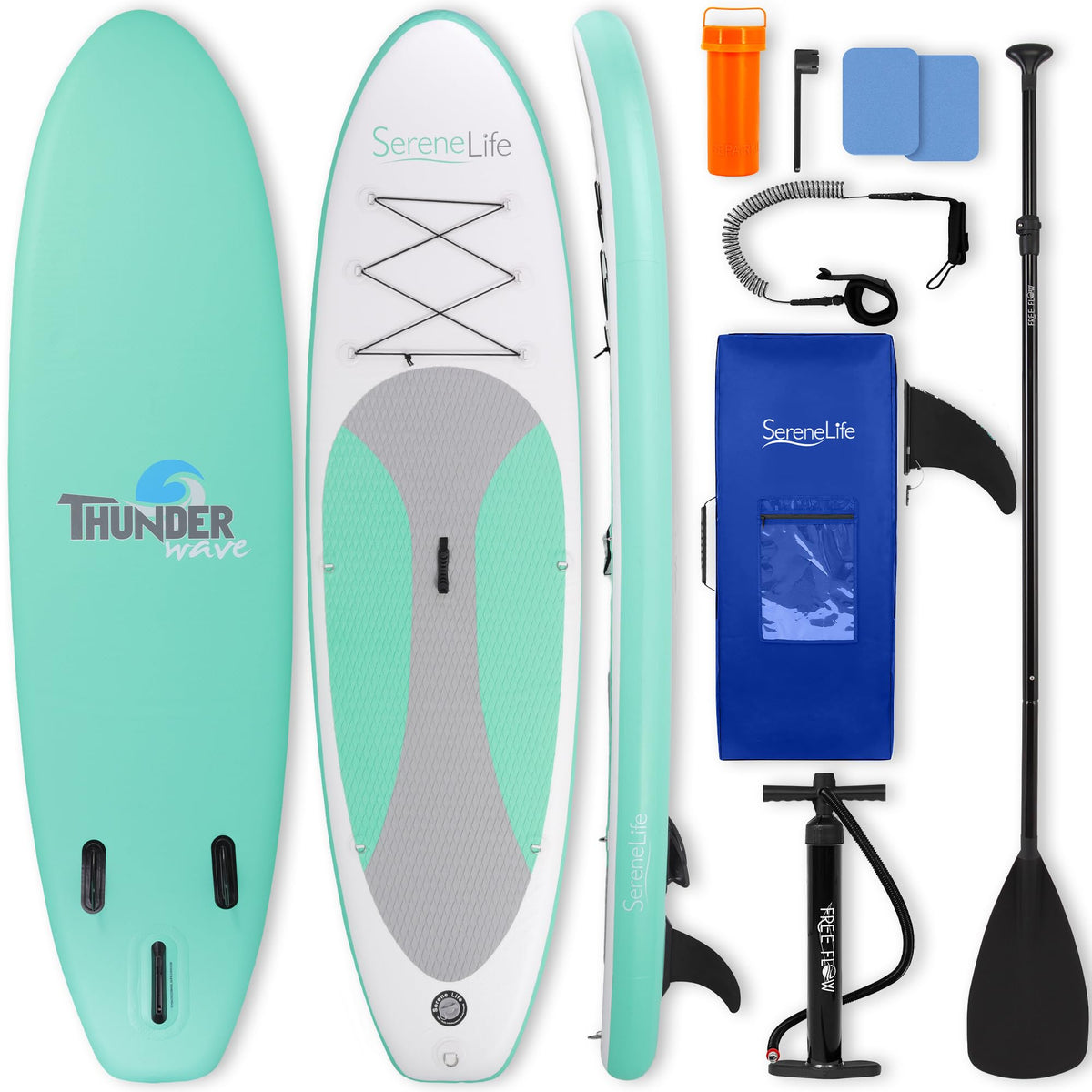 SereneLife 10’ Inflatable Stand Up Paddle Board with Premium SUP Accessories - Wide Stable Design with Non-Slip EVA Deck Pad, for Youth and Adults, 350 lbs. Capacity