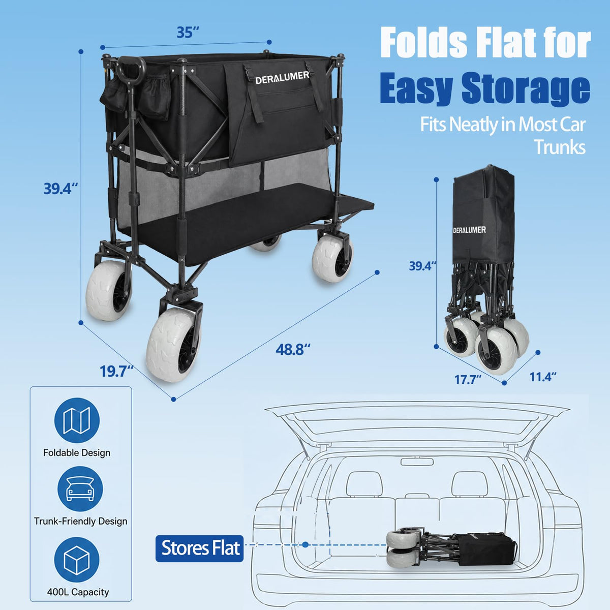 X800 Collapsible Beach Wagon, 41" Heavy Duty Folding Wagon Cart with 9" Big Balloon Wheels, 200L Oversized Utility Wagon with Side Bag for Camping, Sports