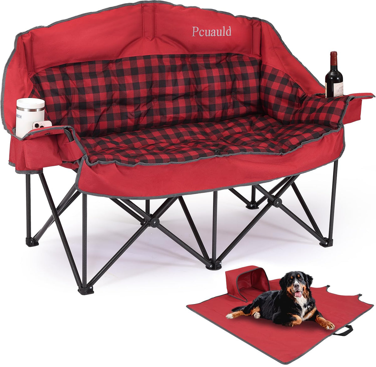 Pcuauld Double Camping Chair, Padded Loveseat Camp Couch for Adults, Oversized 2 Person Love Seat with 2 in 1 Carry Bag, Heavy Duty Folding Outdoor Sofa with Cup Holders for Lawn Beach Tailgating