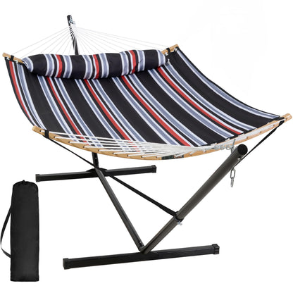 SUNCREAT Double Quilted Hammock with Stand, Outdoor Hammock with Curved-Bar, Soft Pillow