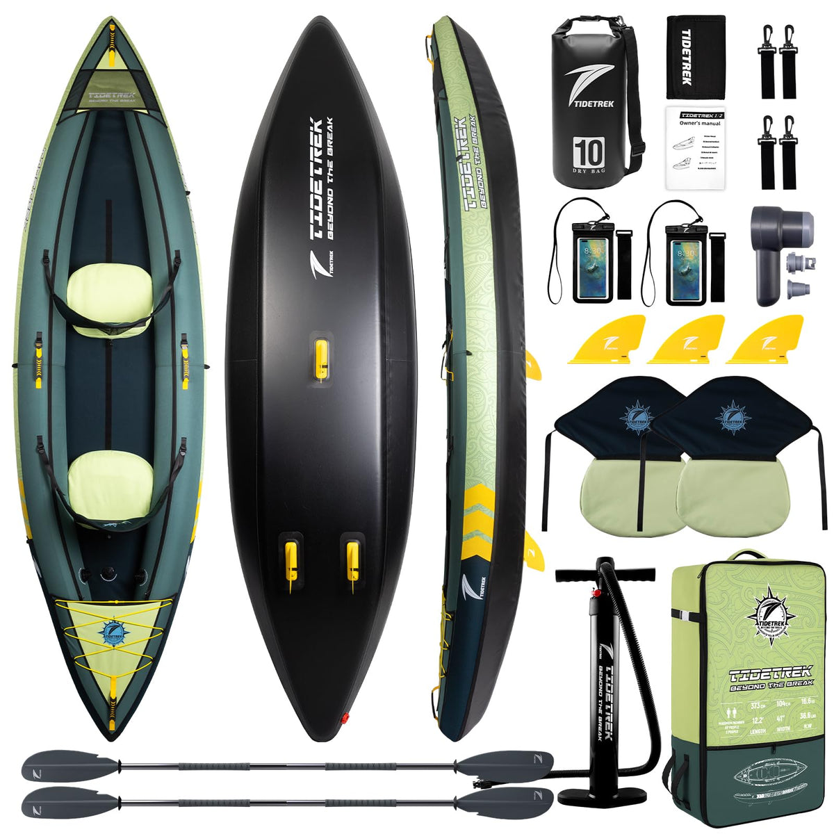 TIDETREK Inflatable Touring Kayak 1-Person & 2-Person with Waterproof Seat & Full Accessory Kit, Lightweight Recreational Kayak for Lake, River & Fishing