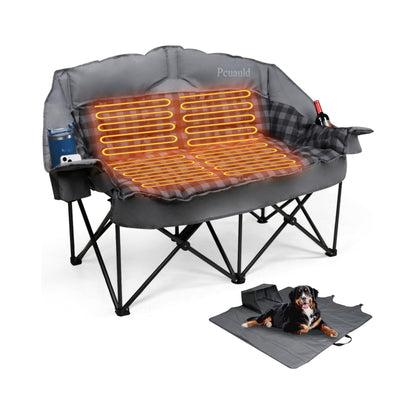 Pcuauld Double Camping Chair, Padded Loveseat Camp Couch for Adults, Oversized 2 Person Love Seat with 2 in 1 Carry Bag, Heavy Duty Folding Outdoor Sofa with Cup Holders for Lawn Beach Tailgating