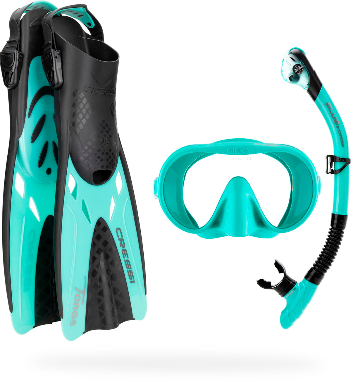 Cressi 3 Pc Travel Snorkel Set, Explorer Set, Mask & Tonga Fins, Dry Valve