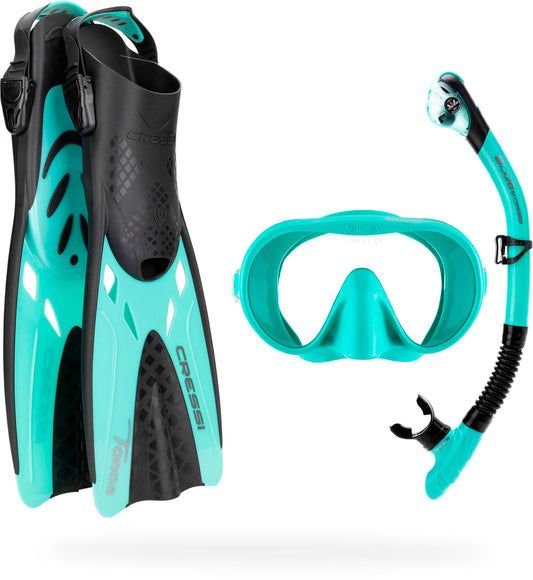 Cressi 3 Pc Travel Snorkel Set, Explorer Set, Mask & Tonga Fins, Dry Valve