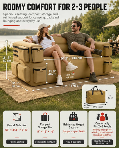 Portable Inflatable Couch with Built-in Pump – Durable Blow Up Sofa for Camping, Backyard, Beach, Party, Festivals, & Indoor Use – Comfortable, Puncture-Resistant Outdoor Furniture Inflatable Loveseat
