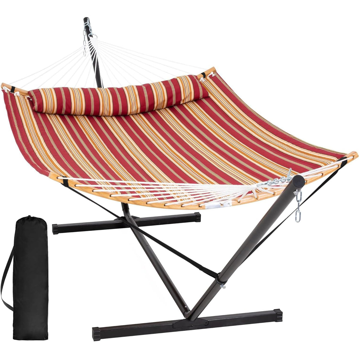 SUNCREAT Double Quilted Hammock with Stand, Outdoor Hammock with Curved-Bar, Soft Pillow