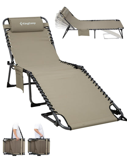 KingCamp Lounge Chair Outdoor, Folding Portable Tanning Chairs Comfy Adjustable 5-Position Lay Flat Foldable Chaise Lounger with Pillow for Outside Beach Patio Sun Bathing Pool